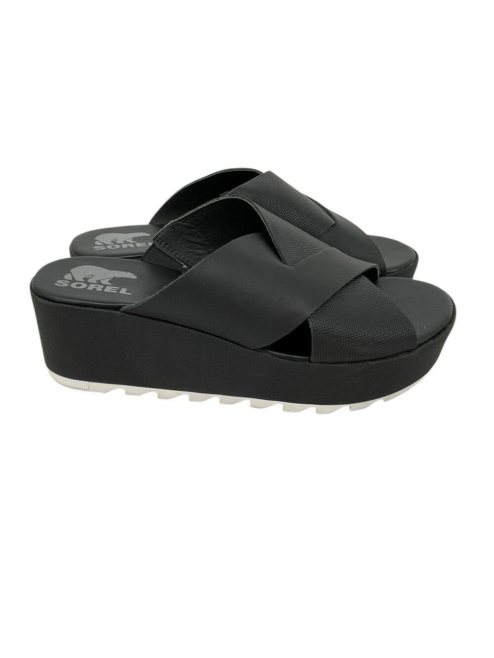 Sorel Cameron Flatform Mule Sandals Black Leather Size 9